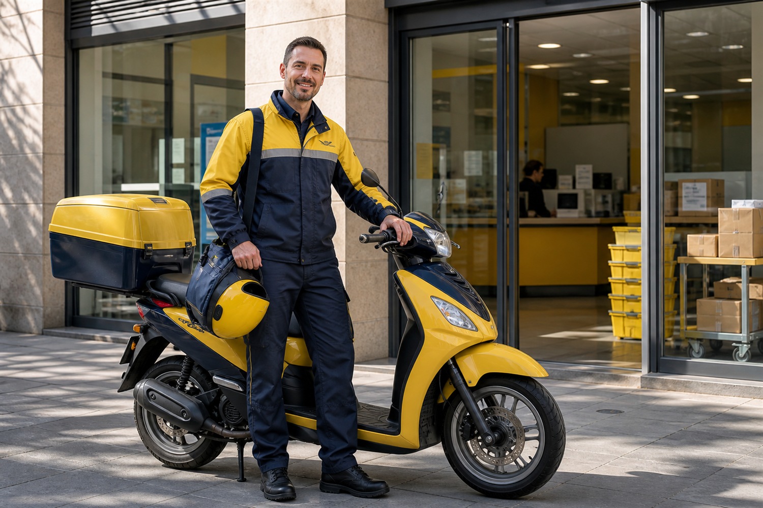 Repartidor de Correos junto a una motocicleta delante de una oficina postal.