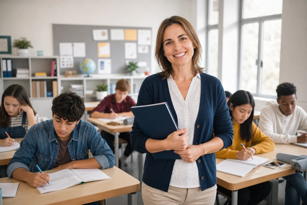 Profesora sonriente con su alumnado en un aula de instituto.