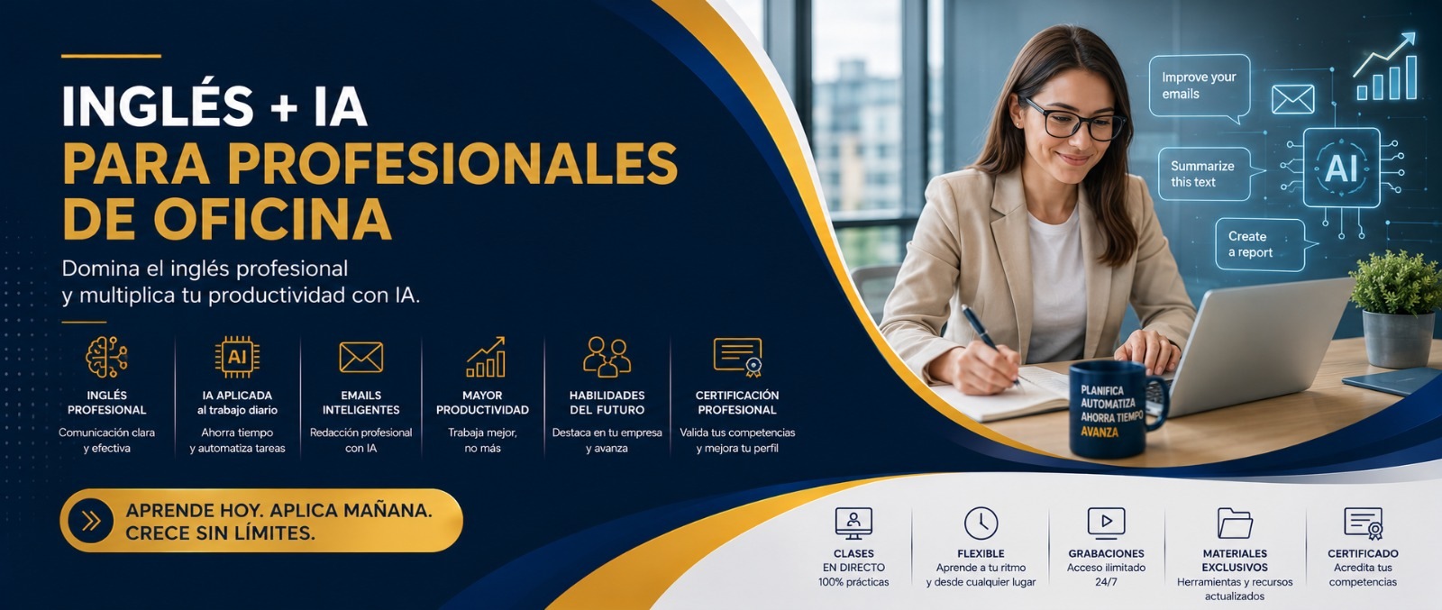 Inglés e inteligencia artificial para profesionales de oficina. Domina el inglés profesional y multiplica tu productividad con IA.