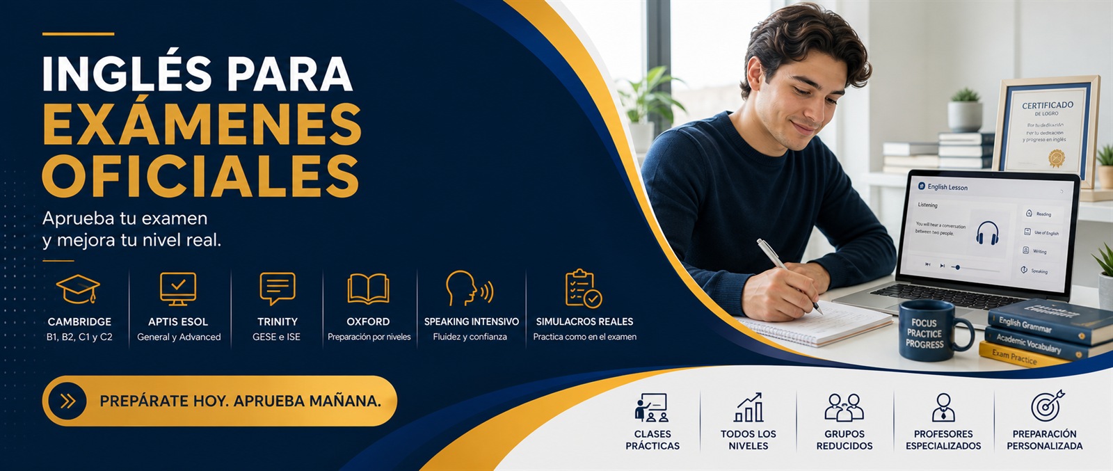 Inglés para exámenes oficiales. Preparación de Cambridge, Aptis, Trinity y Oxford con speaking intensivo y simulacros reales.