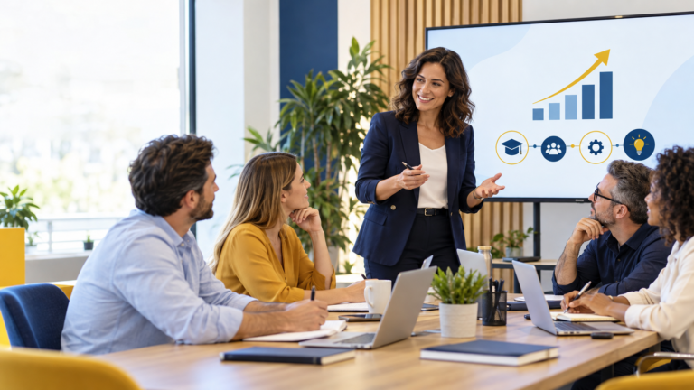Equipo de profesionales participando en una formación bonificada para empresas.